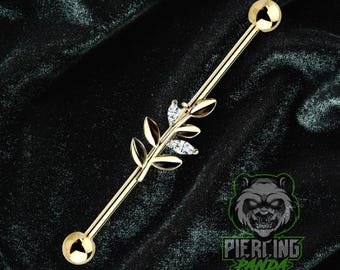 14g 16g Gold Leaf CZ Charm Industrial Scaffold Piercing Barbell 316L Surgical Steel External Thread