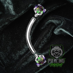 16g Titanium 6AL4V ELi ASTM F136 Curved Barbells With Internally Threaded Prong Set Dark Ab Vitrail Cz Ends | Rook Eyebrow Piercing