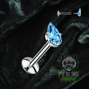 16g ASTM F136 Titanium Internal Thread Pear Teardrop Blue CZ Flat Labret Disc Tragus Helix Conch Cartilage Earring Barbell