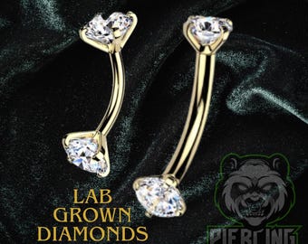 16g 8mm 14k Solid Gold Lab Grown Diamond Prong Set Ends Curved Barbell Internal Threads | Rook Eyebrow Vertical Labret Piercing