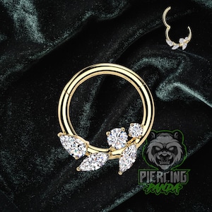 Anel de piercing de argola com segmento articulado e pétalas de videira de 16 g, banhado a ouro PVD, aço cirúrgico sólido 316L, pedras zircônia cúbica branca
