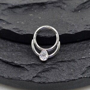 16g 8mm Pear Gem Double Band Hinged Segment Clicker Piercing Hoop Ring Solid 316L Surgical Steel