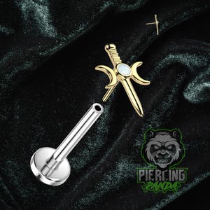 14k Gold Threadless Moon Goddess Sword White Opal With Titanium ASTM F136 Flat Labret Barbell Pin Piercing Conch Tragus Cartilage Helix Nose