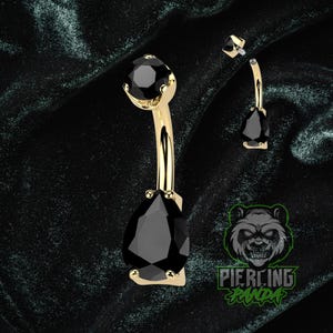 Piercing de umbigo duplo com ponta superior em ouro PVD, pedra de ágata preta e pera de titânio de 14g, grau de implante, rosca interna