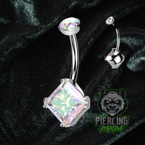 Piercing per ombelico con doppia gemma, in titanio ASTM F136, filettatura interna, arcobaleno AB, opale, diamante, zirconia cubica, grado di impianto, incastonatura a griffe superiore, 14 g