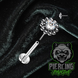 Piercing de titanio ASTM F136 sin rosca, blanco, 5 mm, redondo, con gema de circonita cúbica, con forma de flor, ajuste a presión, parte superior, concha plana, para cartílago, hélice, labio, Monroe, surco nasolabial.