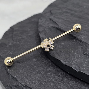 14g 16g Gold PVD Flower CZ Gems Movable Charm Industrial Scaffold Piercing Barbell 316L Surgical Steel External Thread
