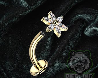 14g Titanium Floating Convex Base Belly Button Ring With 8mm Flower Petals Prong Set CZ Gems Top Internal Threads Gold PVD Plating