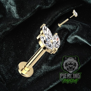 16g 18g 8mm 14KT Solid Gold Marquise CZ Gem Leaf Flat Back Labret Tragus Monroe Philtrum Cartilage Stud Piercing Barbell