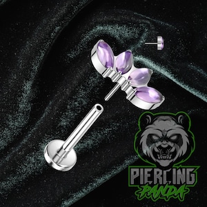 Puede incluir: Un piercing de labio plateado con un grupo de cuatro gemas moradas en forma de lágrima. El piercing se muestra desmontado, con el poste y el grupo de gemas separados. También se ve un pequeño pendiente con una gema a juego.