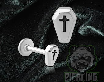 16g 18g Coffin Labret or Ball Back No Rust Surgical Steel Labret Lip Medusa Barbell Piercing Cartilage Helix Tragus Conch Halloween Skull