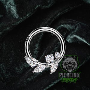 Anel de piercing de argola com 16g de pétalas de videira com forro e segmento articulado, aço cirúrgico 316L sólido, pedras zircônia cúbica branca