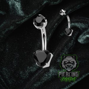 14g Titanium Heart Black Agate Stone Gem Implant Grade Internally Threaded Top Prong Set Double Belly Button Navel Piercing Ring