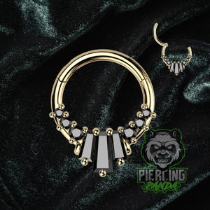 16g Black Baguette CZ Gems Gold PVD Plated 316L Surgical Steel Hinged Segment Septum Helix Piercing Cartilage Daith Hoop Piercing Ring
