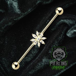 14g 16g Marquise White CZ Gems Snowflake Industrial Barbell Piercing 32mm 35mm 38mm External Thread Gold PVD Plated 316l Surgical Steel