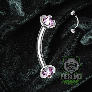 16g 8mm Pink Internal Thread Prong Gem CZ Solid 316L Surgical Steel Curved Eyebrow Rook Piercing Barbell
