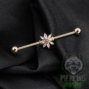Piercing industrial tipo barra de 14g 16g con gemas de circonita cúbica blanca marquesa, diseño de copo de nieve, 32 mm 35 mm 38 mm, rosca externa, chapado en PVD dorado, acero quirúrgico 316l