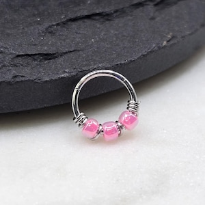 16g 18g 20g Hot Pink Glass Hinged Clicker Wire Wrapped Segment Hoop Rings Nose Piercing Earring Lobe Helix Cartilage