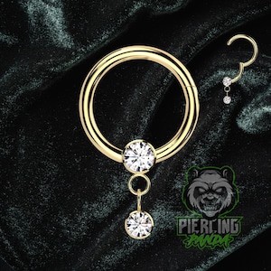 16g Titanium ASTM F136 Implant Grade Dangle CZ Gem Hinged Segment Septum Helix Piercing Cartilage Daith Hoop Piercing Ring Gold PVD Plated