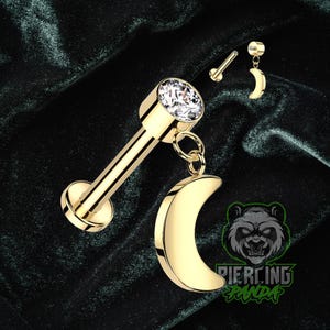 16g ASTM F136 Grade 23 Titanium Gold PVD Internal Thread Moon CZ Gem Small Bottom Disc Tragus Helix Conch Cartilage Earring Labret Barbell