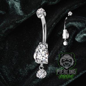 14g Titanium Pear Gem Implant Grade Internally Threaded Top Prong Set Double Round Belly Button Navel Ring