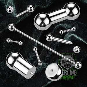 May include: An assortment of shiny, silver-colored body jewelry, including barbells, straight bars, and ball studs. The pieces are arranged against a dark, textured background. The logo "Piercing Panda" is visible in the lower right corner.