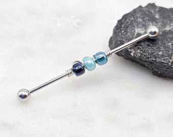 14g 16g Blues Beaded Wrapped Industrial Barbell Scaffold Cartilage Piercing Jewelry (32mm, 35mm, or 38mm!)