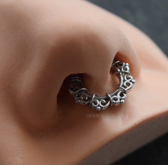 SEPTUM CLICKER STEEL /& GOLD CZ GEM DIAMANTE NOSE RING DAITH HANGER 1.2MM 1.6MM
