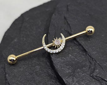 316L Surgical Steel Gold PVD White CZ Gem Moon & Star Industrial Barbell 316L Surgical Steel Gold PVD White CZ Gem Moon & Star Industrial Barbell
