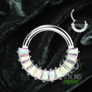 Anillo de aro para cartílago con bisagras y gemas de circonita cúbica AB de grado de implante ASTM F136 de 16 g con segmento de arcoíris y hélice de tabique con aro para piercing de cartílago
