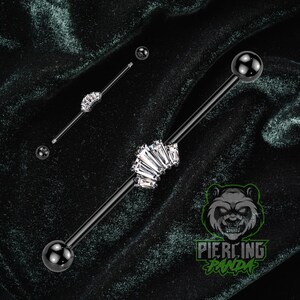 14g 38mm Vintage Baguette Gem Industrial Barbell Piercing External Thread Black PVD Plated 316L Surgical Steel
