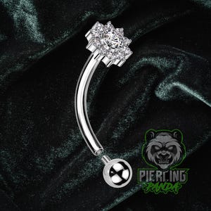16g Titanium Implant Grade ASTM F136 Curved Barbells With Internally Threaded Prong Set CZ Flower | Rook Eyebrow Piercing