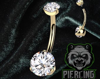 Titanium Internal Thread 14g Gold PVD Prong Set Double Round 5mm & 8mm White CZ Gems Belly Button Navel Piercing Ring