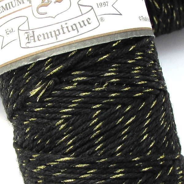 1mm Metallic Black/Gold Hemp Cord, Hemptique® Polished Hemp Cord, 20-Pound Test, 205-Feet Spool, Necklace Cord, Item 2421c