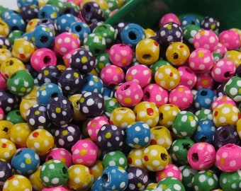 6mm Wood Beads, 400 Painted Wooden Beads, Mixed Colors, 5-6mm Round Beads with Flower Design, Beading Supplies, Item 390wb