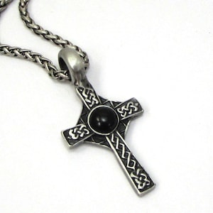 Celtic Cross Pendant Necklace, 46x23mm Cross Pendant, Custom Length 3.2mm Antique Silver Ponytail Chain Necklace, Item 2453n