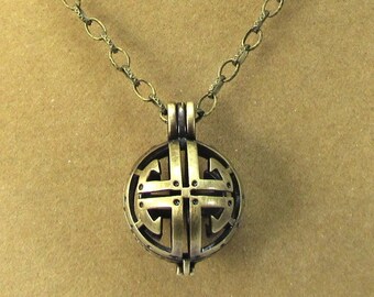 Cage Necklace, 28x21mm Cage Pendant with Safety Latch, Custom Length 3mm Textured Antique Brass Cable Chain, Item 2547n
