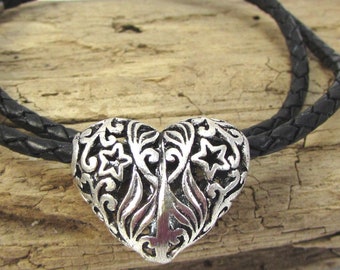 Heart Necklace, 3mm Braided Leather Necklace, 26x21mm Fancy Puffed Heart Pendant, Item 1202n