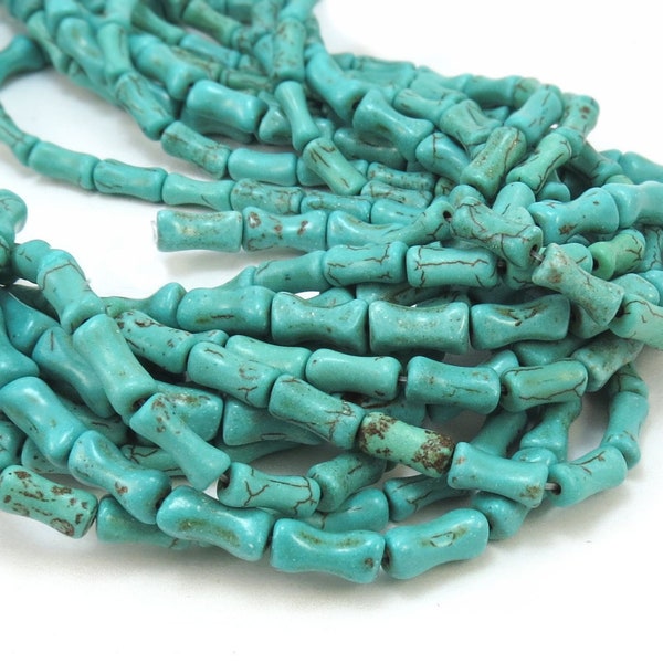 Magnesite Beads, 11x 5mm Blue-Green Bamboo Shape Beads, 15" inch Strand, Jewelry Supplies, Beading Supplies, Item 317gs