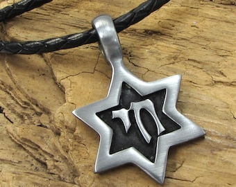 Star of David Necklace, 40x25mm Star of David with Life/Being Sign Pendant, 3mm Custom Length & Color Braided Leather Necklace, Item 1684n