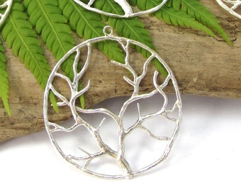 Tree of Life Pendants, Two (2) Tree Pendant, 38mm Silver Plated Copper Tree Pendants, Jewelry Supplies, Item 179m