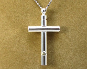 Cross Whistle Necklace, 47x25mm Working Cross Whistle Pendant, Working Whistle, 1.5mm Stainless Steel Ball Chain Necklace, Item 2003n