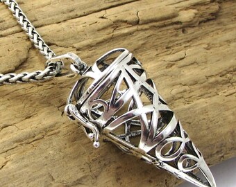 Cage Pendant Necklace, 43x22mm Cage with Safety Latch, Custom Length 3.2mm Antique Silver Ponytail Chain, Item 2316n