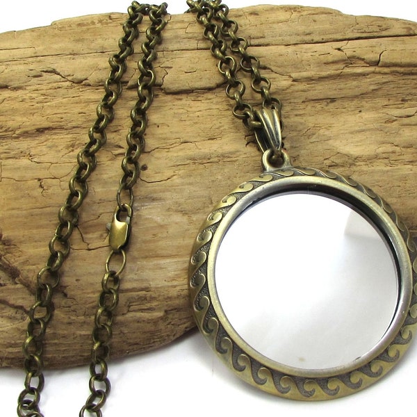Mirror Necklace, 53mm Antiqued Brass Real Mirror Pendant, Custom Length 5mm Brass Rolo Chain Necklace, Item 2403n