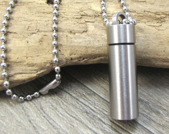 Urn Pendant Necklace, 35x10mm Cylinder Pendant, Custom Length 2.4mm Stainless Steel Ball Chain Necklace, Item 1174n
