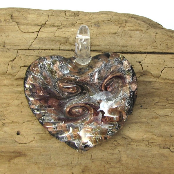 Glass Heart Pendant, 52x48mm Silver, Gold and Copper Swirled Heart, Item 1412gss