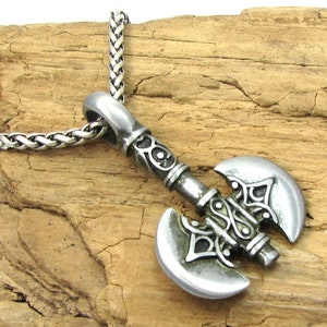 Axe Necklace, 43x27mm Double-Sided Viking Axe Pendant, Custom Length 3.2mm Antique Silver Ponytail Chain, Item 2468n