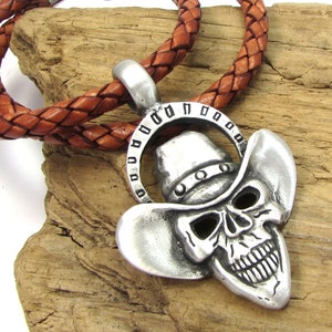 Skull Necklace, 53x28mm Drover Skull Pendant, 5mm Custom Length & Color Braided Leather Necklace Item 2483n