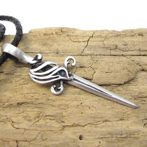 Sword Pendant Necklace, 62x18mm 3D Sword Pendant, 3mm Custom Length & Color Braided Leather Necklace, Item 1839n