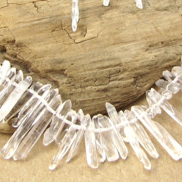 Quartz Crystal Points, Clear, White to Milky White, , Crystal Points, 4" inch Strand, 2x8mm-3x22mm Hand-Cut Top-Drilled Points, Item 2132gss